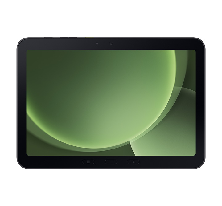 Rugged black Samsung Galaxy Tab Active5 Pro with a green gradient screen featuring abstract overlapping circles. 